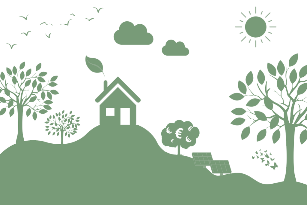 Landschaft mit Bäumen, Vögeln, Schmetterlingen, Wolken, Sonne, Solarpanelen und Haus auf Hügel für Nachhaltige Zukunft